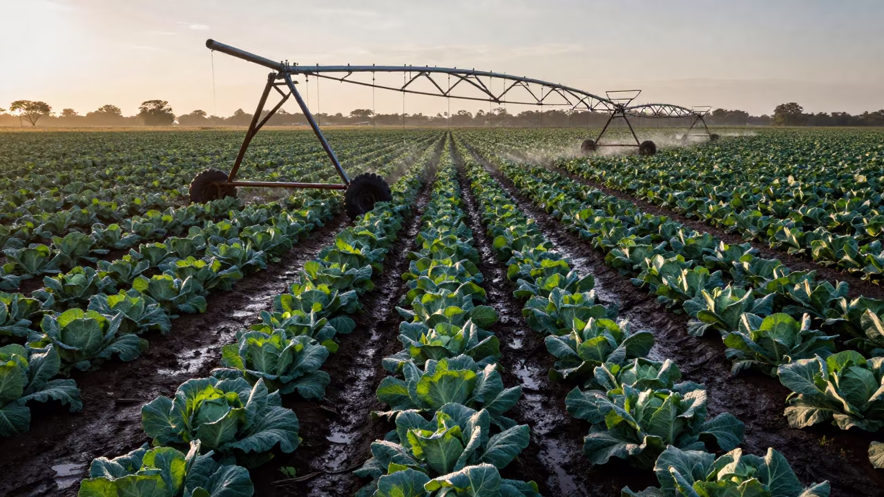 Dawn Irrigation Pivots Over Botswana Cabbage Rows in along freshly irrigated rows in Botswana