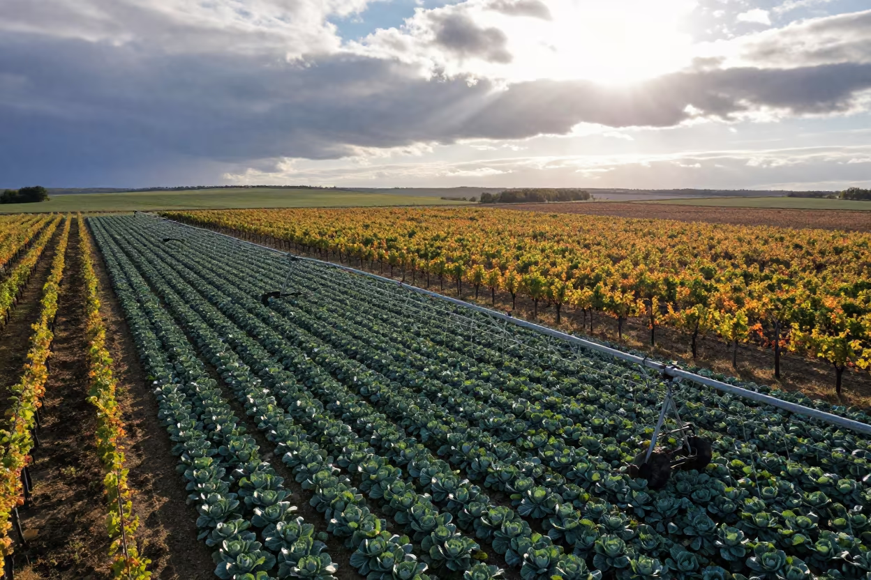 Dawn Irrigation Pivots Over Serbian Cabbage in between vineyard trellises in Serbia