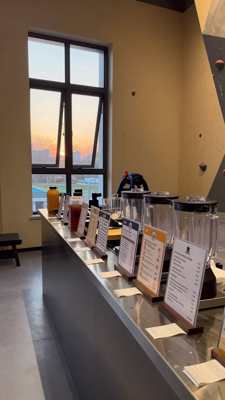 Dawn Juice Bar Counter in Fuzhou Climbing Gym in inside a climbing gym warmup zone near Fuzhou
