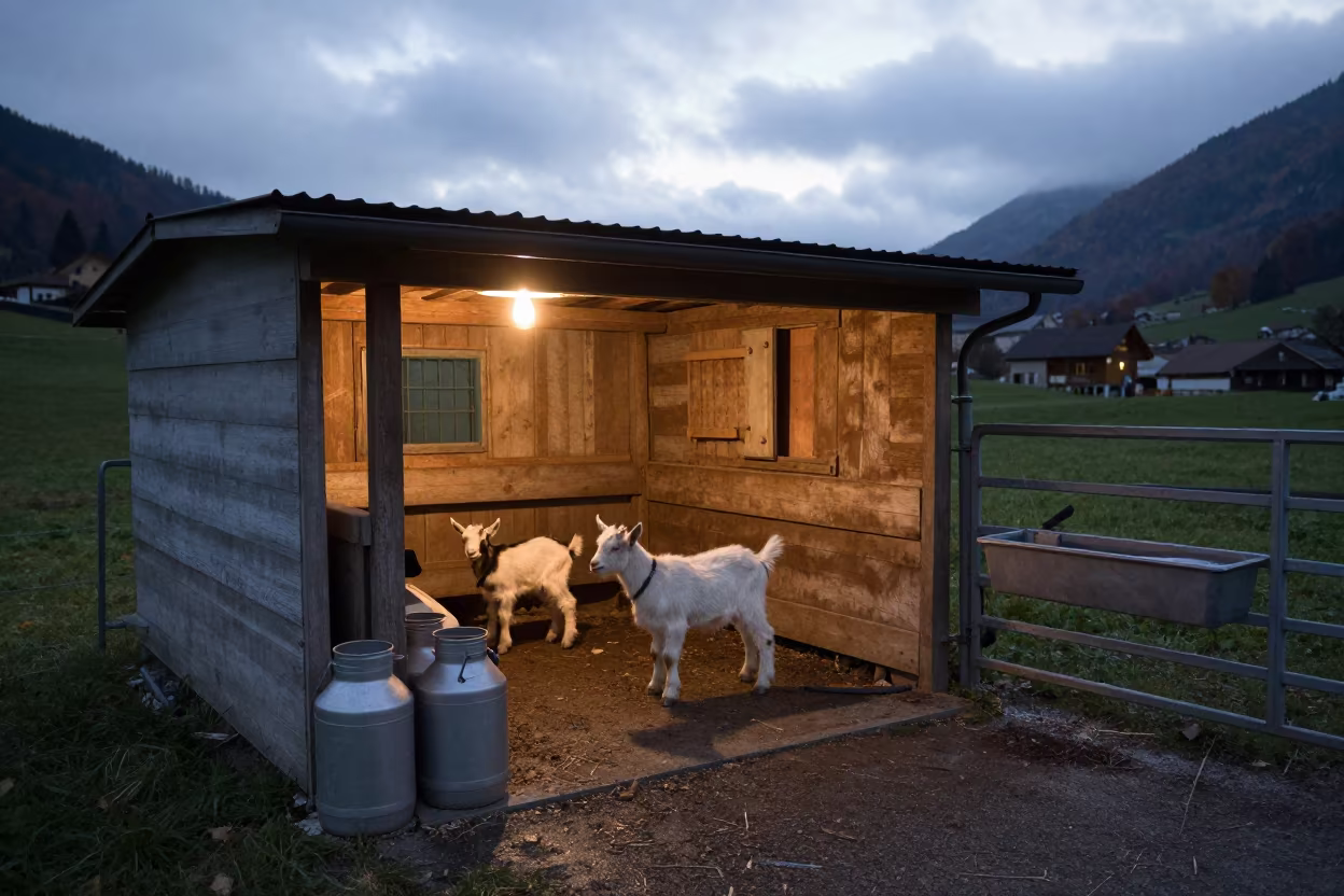 Dawn Kidding Shed with Goat Kids and Heat Lamps in near a windbreak and water trough in Switzerland
