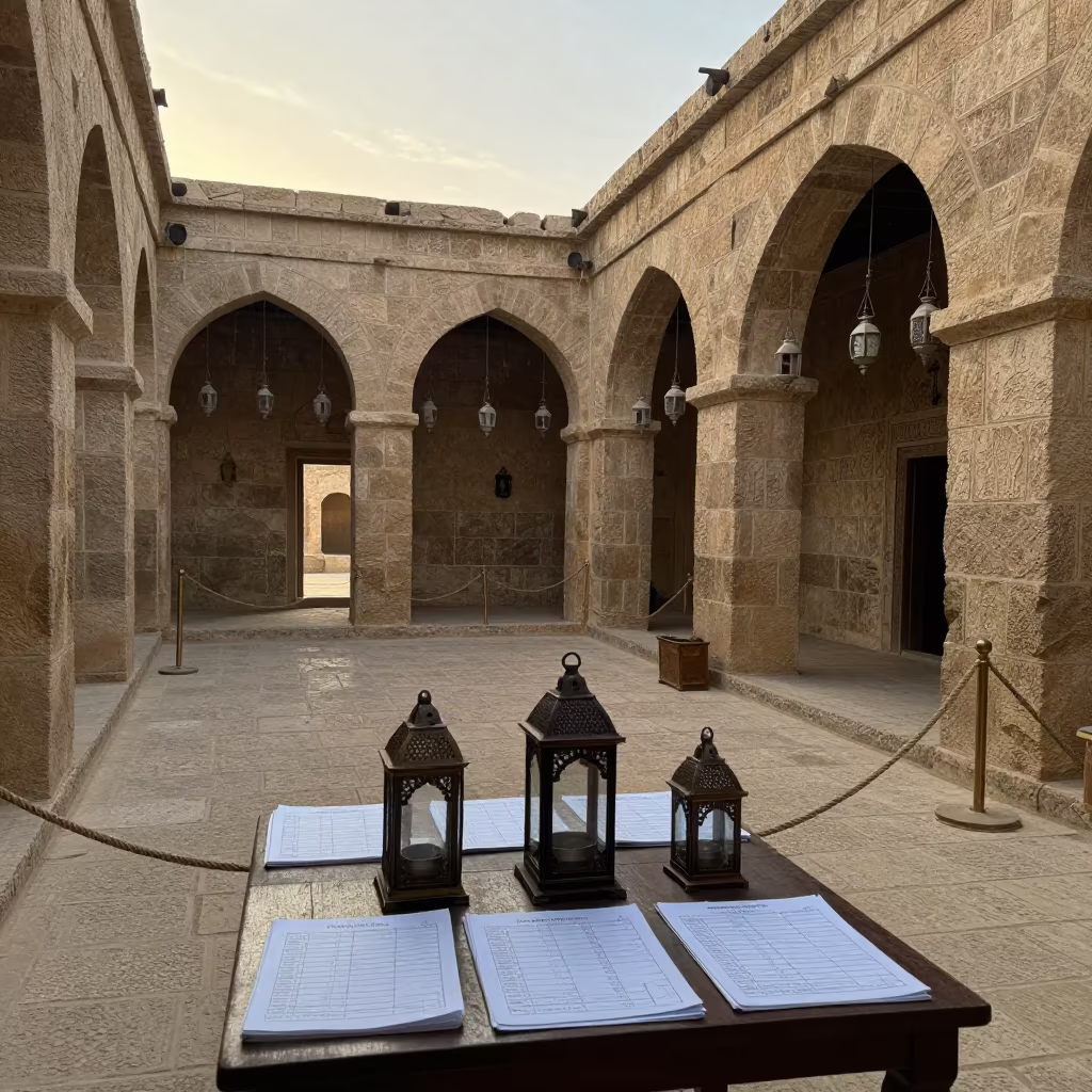Dawn Lantern Prep at Deir ez-Zor Shrine in in a shrine lined with lanterns in Deir ez-Zor