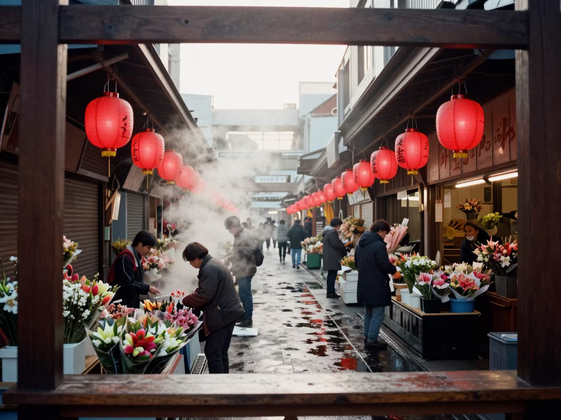 Dawn Lanterns at Tsukiji Flower Auction in at a flower auction bench in Narnaul