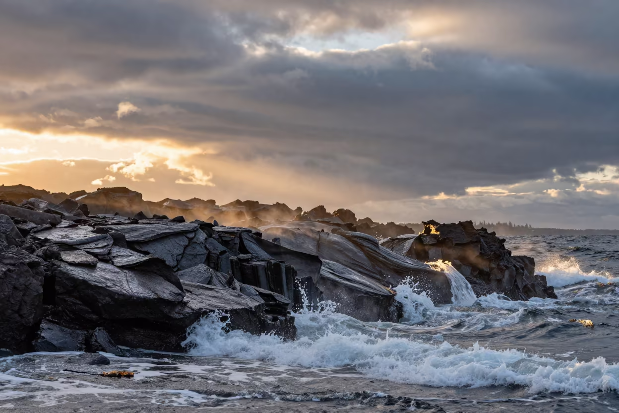 Dawn Lava Flow Meets Ocean Waves Vancouver in along a wave-cut shoreline near Vancouver
