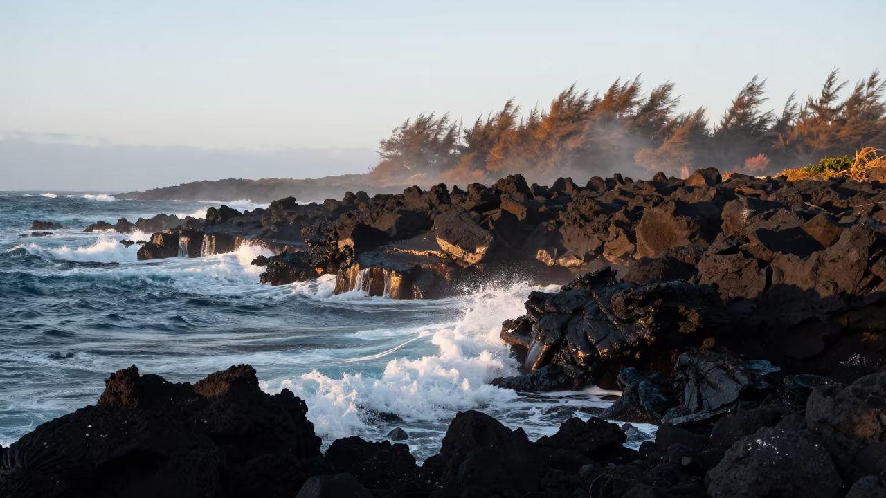 Dawn lava meets ocean near San Cristobal in along a wave-cut shoreline near San Cristobal, Cusco