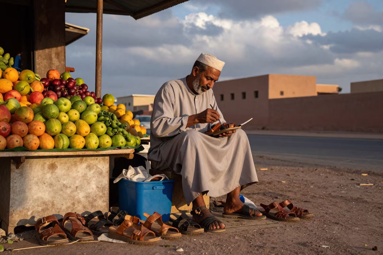 Dawn Leather Sandals at Marrakech Fruit Stand in at a roadside fruit stand in Marrakech