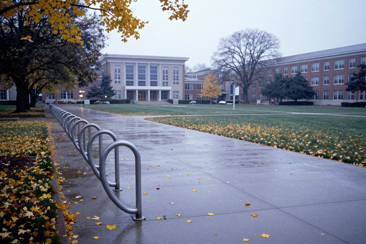 Dawn Leaves on Campus Quad Near Lakota Bike Racks in beside campus bike racks at dawn near Lakota