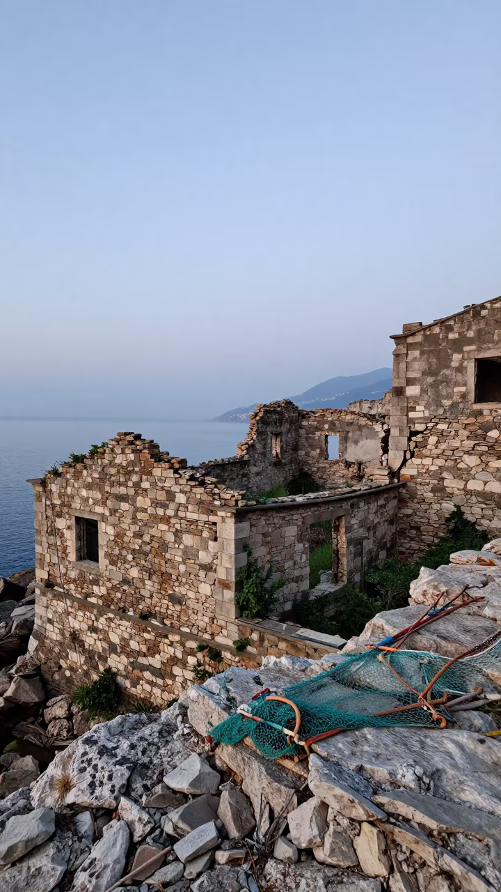 Dawn light on abandoned Italian fishing village ruins in in Italy