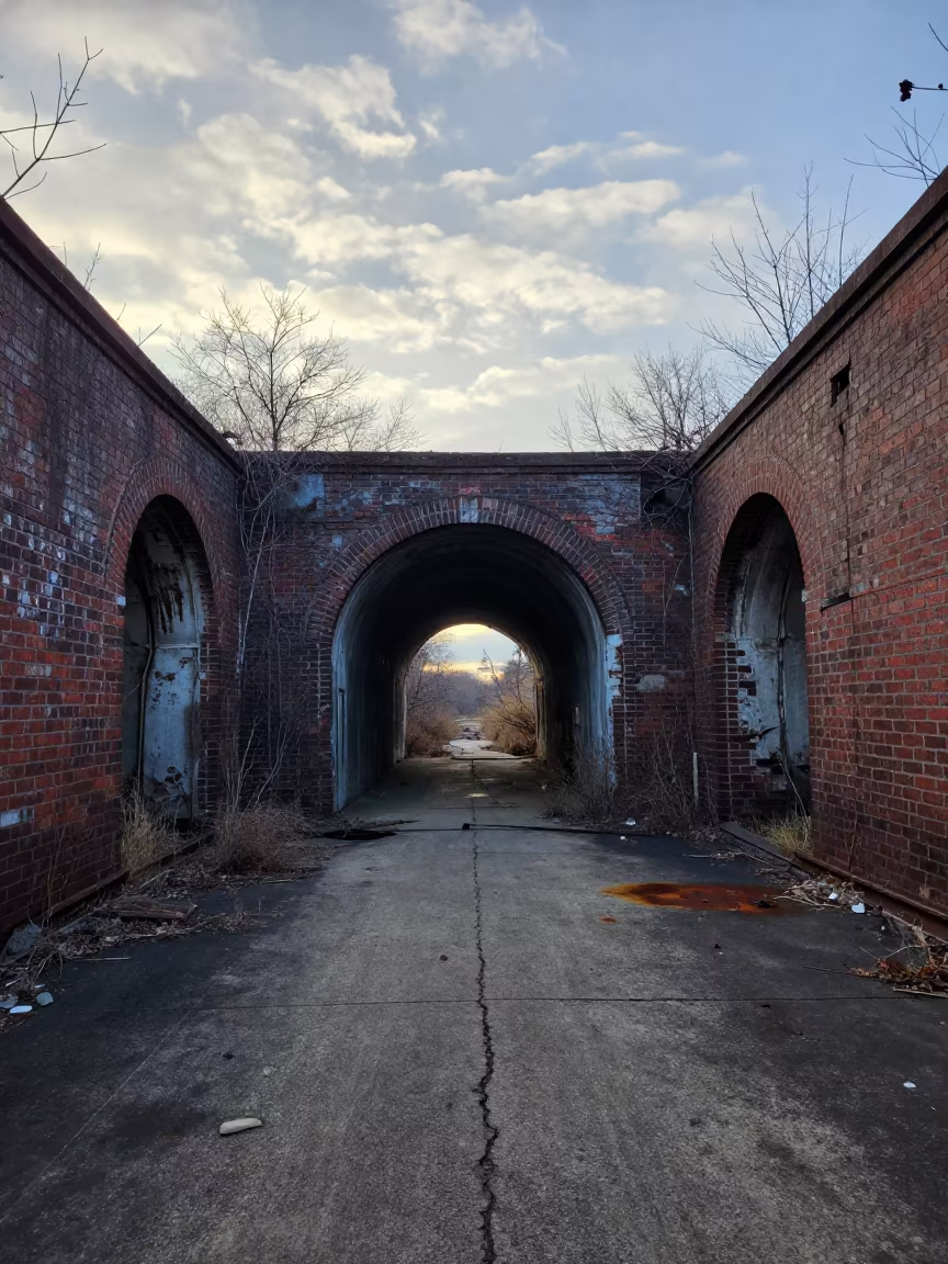 Dawn Light in Abandoned Maryland Tunnel in inside a roofless nave in Maryland