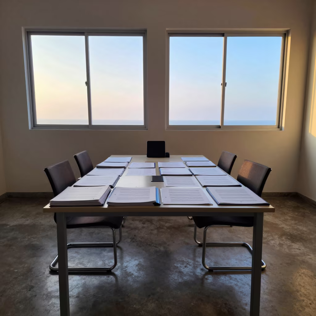 Dawn light fills Abidjan office review room with binders in inside a coworking floor near Abidjan