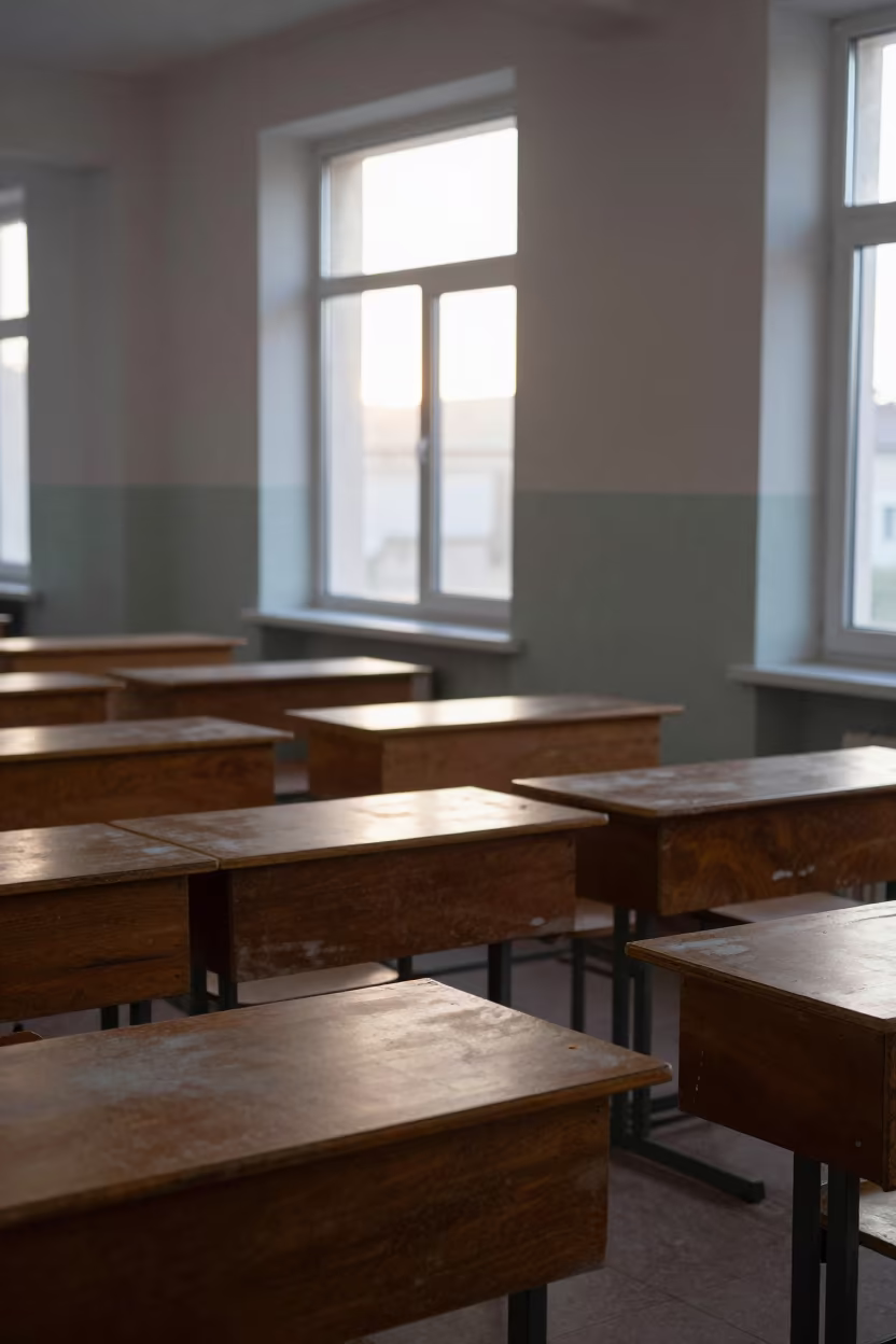 Dawn Light Across Empty Art Classroom Desks in inside an art classroom in Durrës