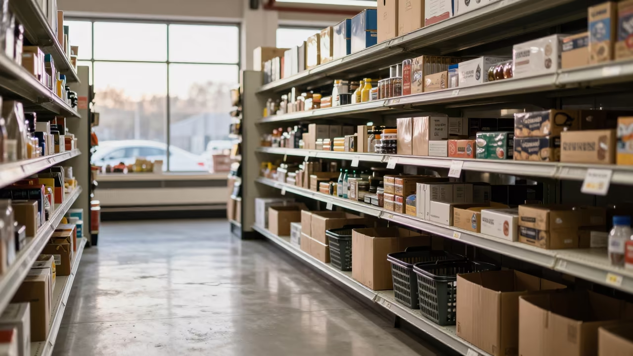 Dawn Light in Agboville Grocery Aisle in inside a store aisle lined with shelf tags in Agboville