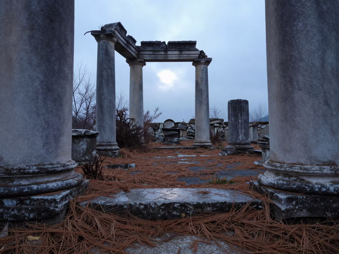 Dawn Light on Albanian Chapel Ruin in among toppled columns and nettles in Albania