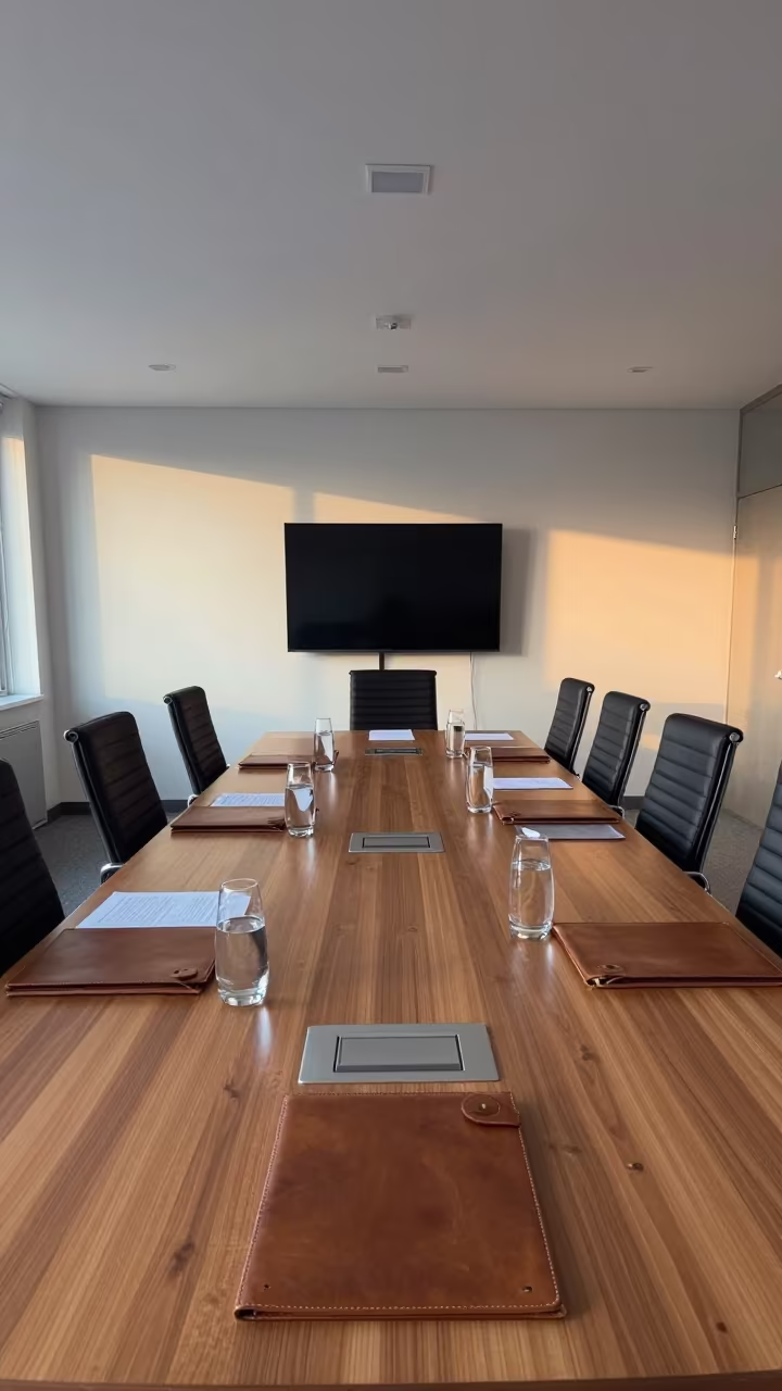 Dawn light in Anand boardroom meeting space in at a boardroom table before a meeting in Anand