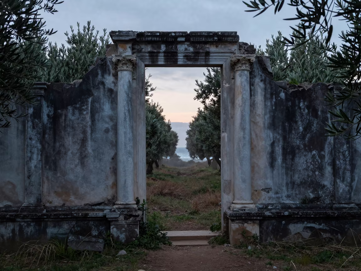 Dawn Light Through Ancient Ruin Doorway in among toppled columns and nettles in Australia