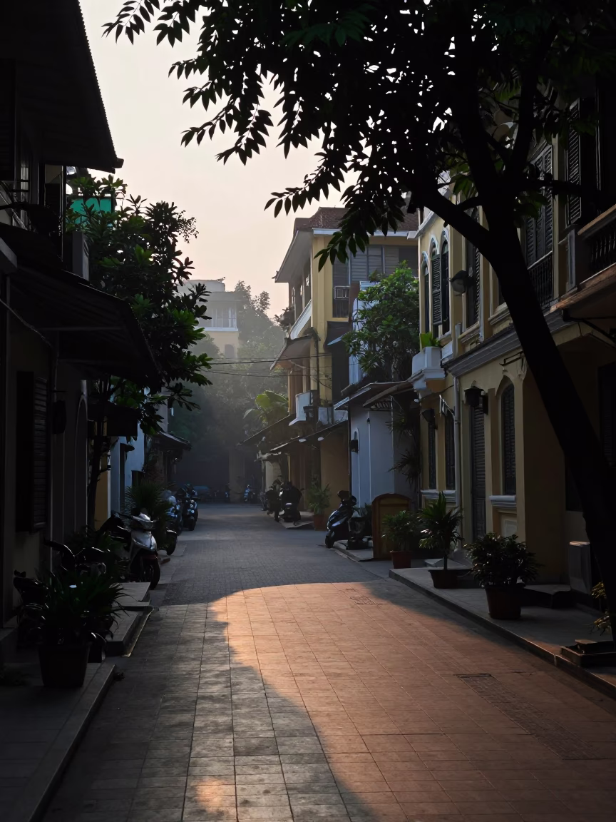 Dawn Light and Leaf Shadows on Tile in Hanoi Vietnam Street Scene in in Hanoi, Vietnam