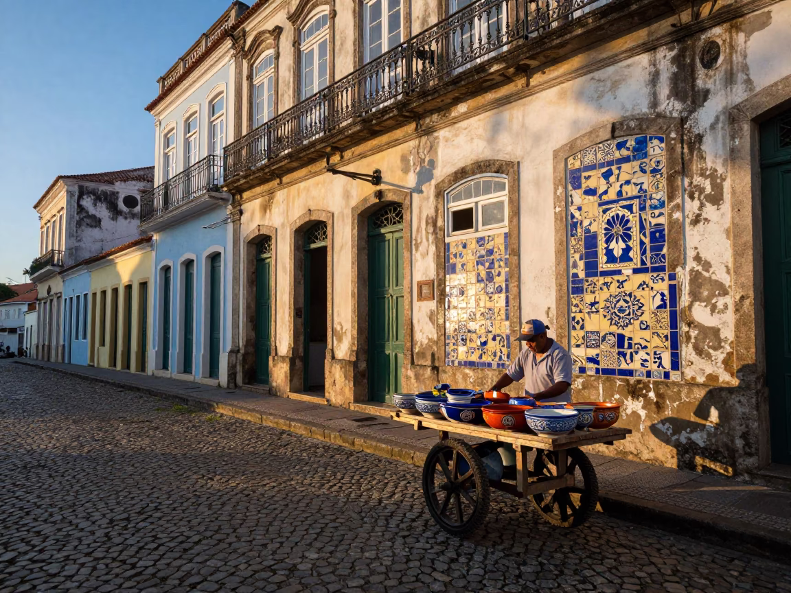 Dawn Light and Mosaic Tiles in Salvador Brazil Street Scene in in Salvador, Brazil