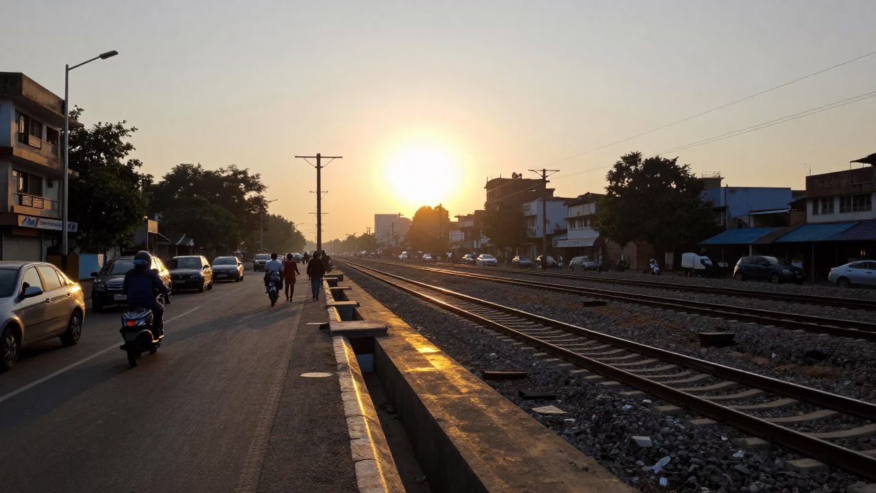 Dawn Light and Urban Life in Hyderabad India with Train Tracks in in Hyderabad, India