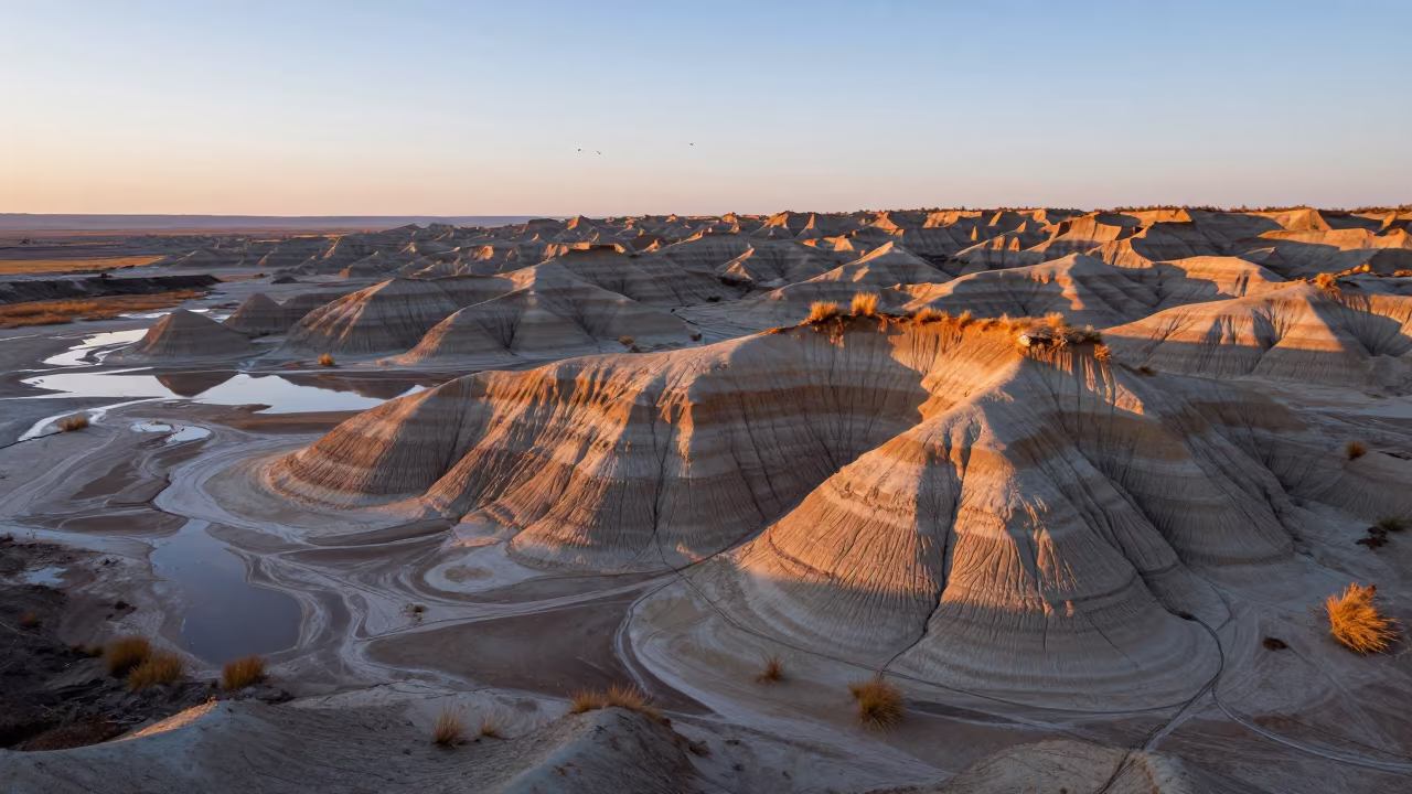 Dawn Light on Arizona Yardang Formation in across a floodplain after rain in Arizona