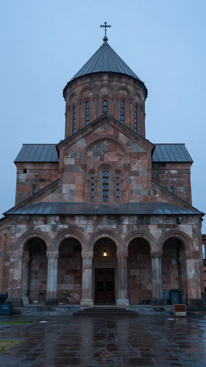 Dawn light on Armenian church facade in along a colonnaded facade in Saskatchewan