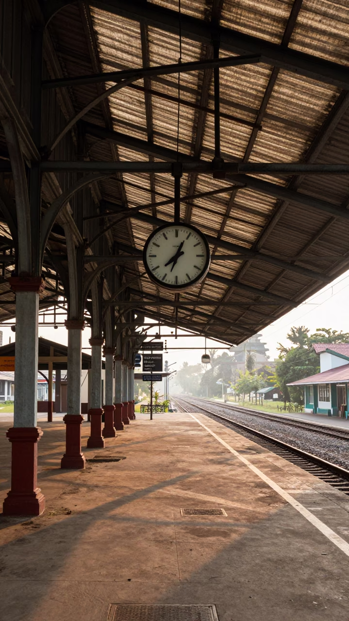 Dawn Light at Surabaya Railway Station Iron Roof with Vintage Clock and Morning Commuters in in Surabaya, Indonesia