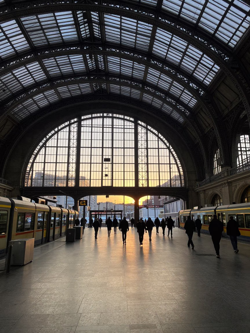 Dawn light at Vienna Hauptbahnhof train station with arched glass and steel roof in in Vienna, Austria