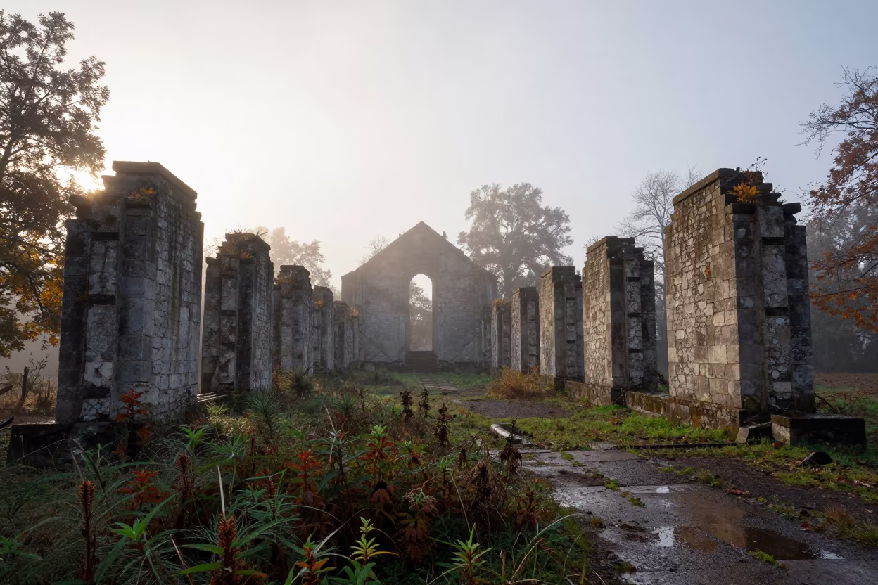 Dawn Light in Autumn Ruin Chapel Gdynia in inside a roofless nave near Gdynia