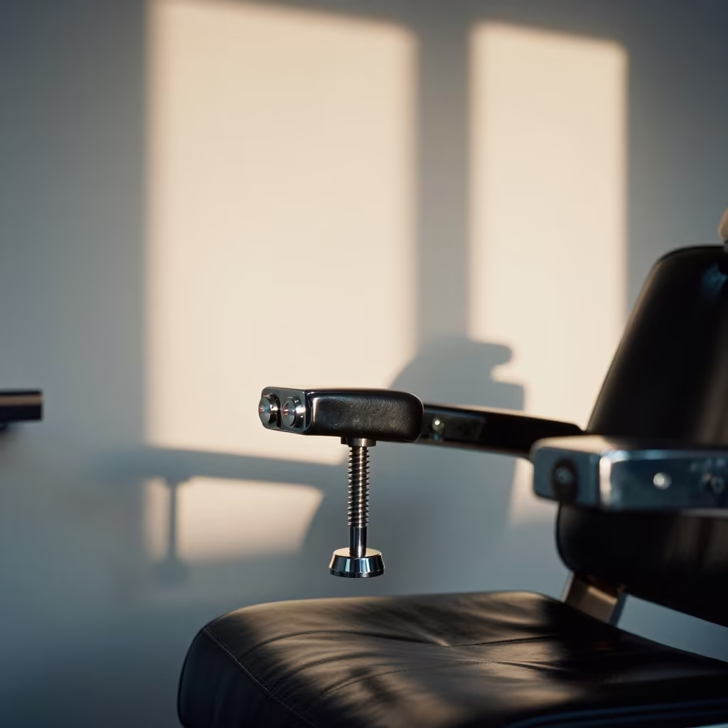 Dawn Light on Barber Chair Footrest Screw Cup in at a barber station beneath mirror bulbs in Neukolln, Berlin