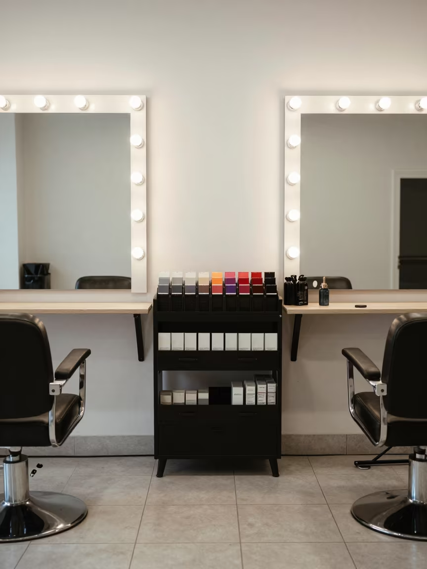 Dawn Light on Barber Color Swatch Rack in at a barber station beneath mirror bulbs near Callao