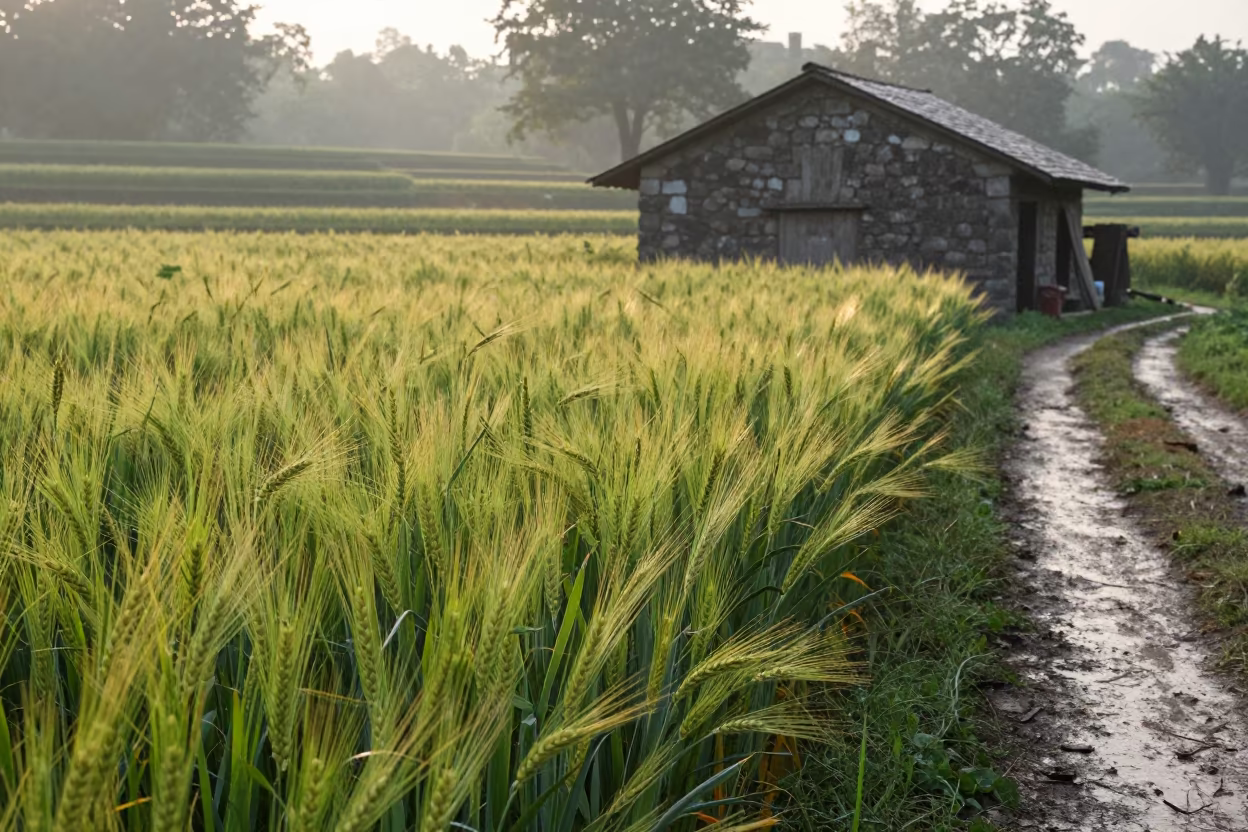 Dawn light on barley beside stone barn in among terraced rice paddies in Indore