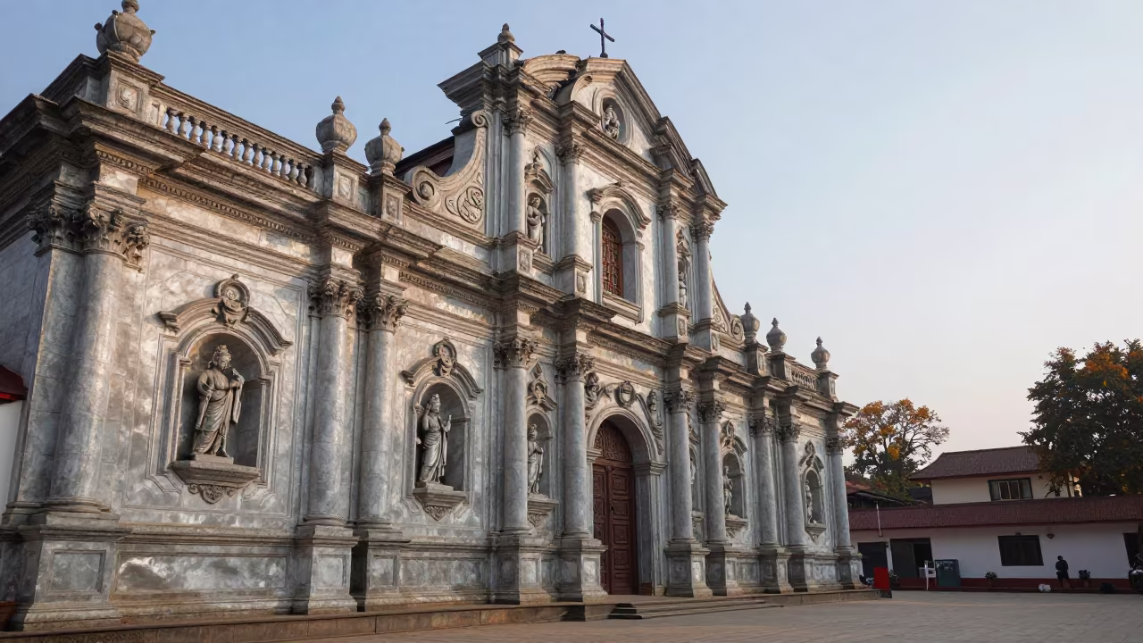 Dawn Light on Baroque Church Facade Nepal in along a colonnaded facade in Nepal