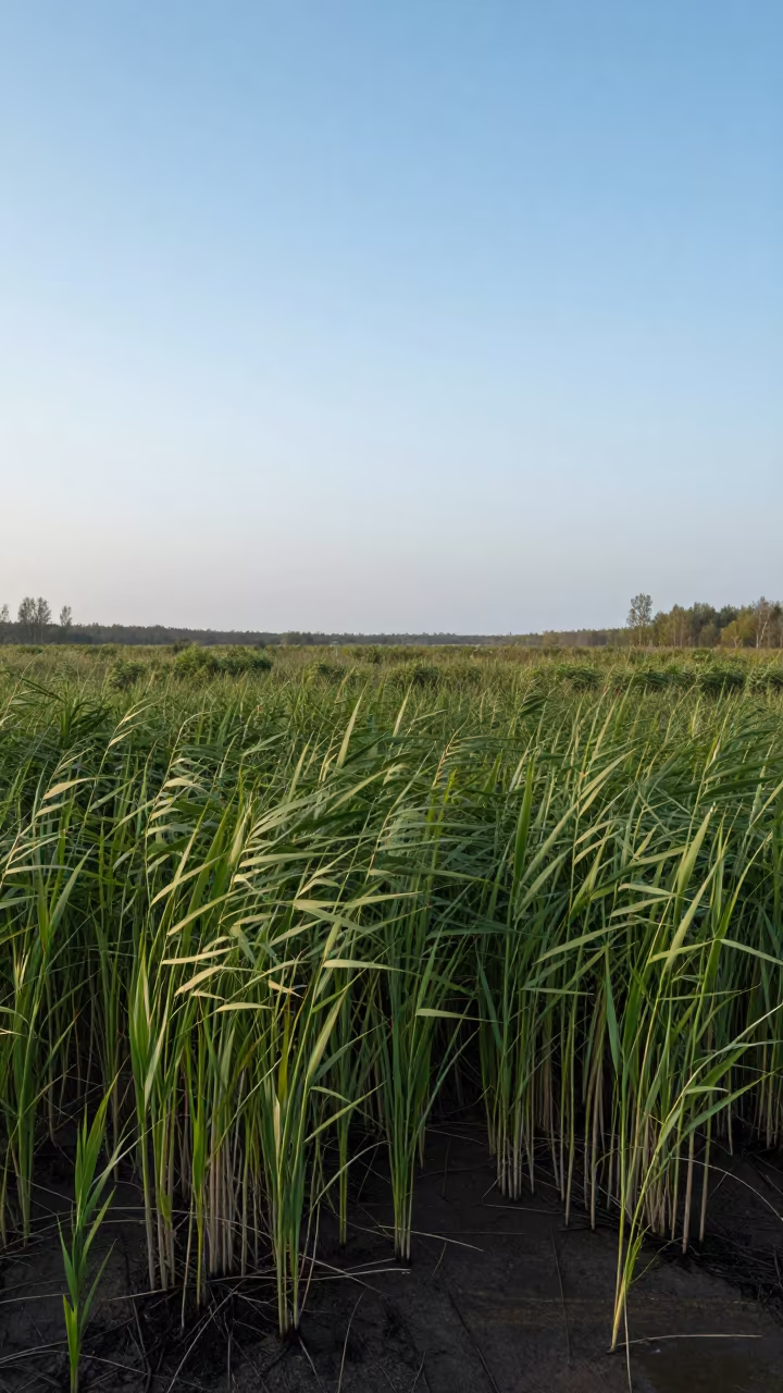 Dawn light over Belarus marshland reeds in across a wide valley floor in Belarus