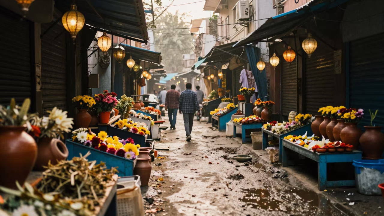 Dawn Light on Bhopal Flower Market Stalls in at a flower auction bench in Bhopal