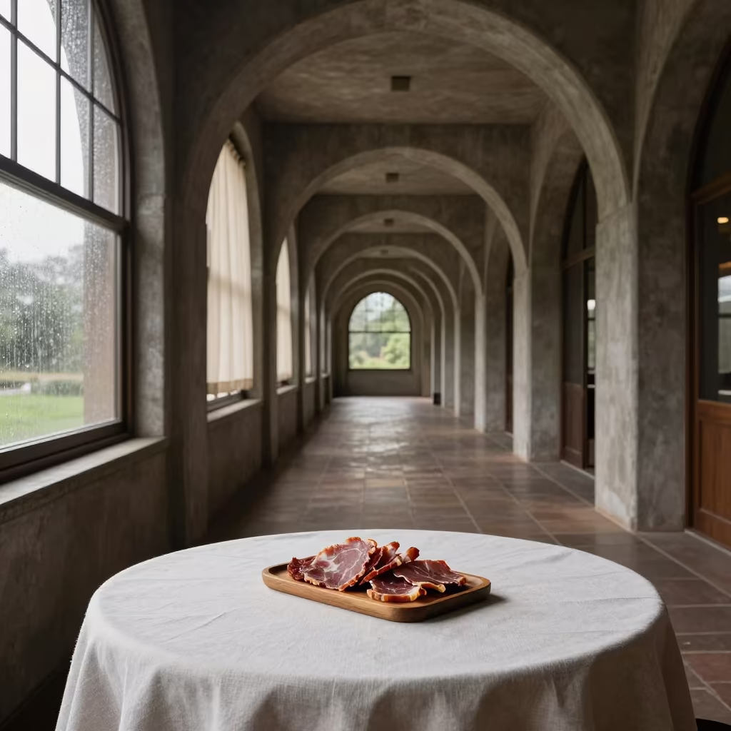 Dawn Light on Biltong Tray with Infinite Corridor in on a linen-covered restaurant table in Villa Canales