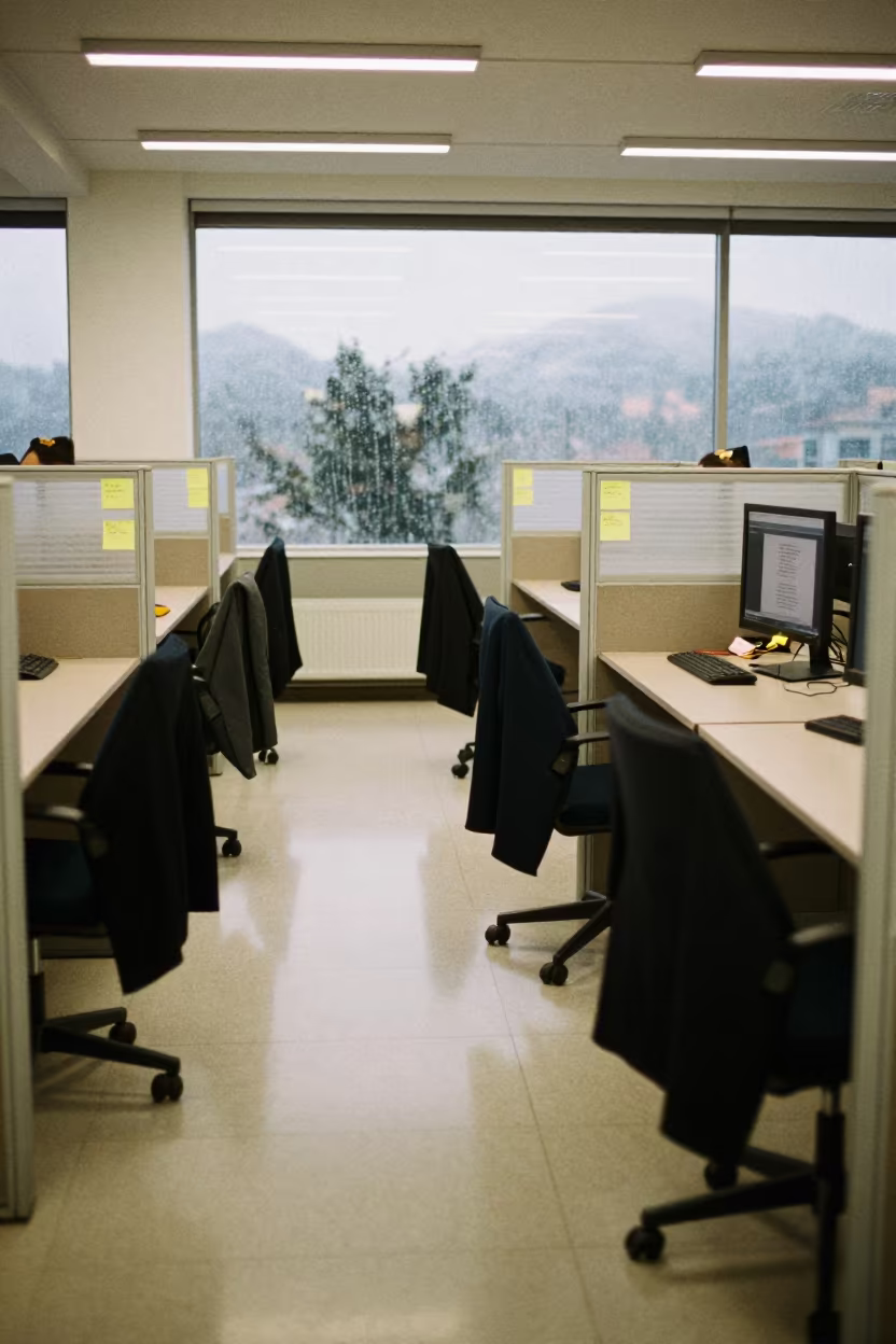 Dawn light in Bogota office cubicle aisle in in an operations center under monitor glow near Bogota