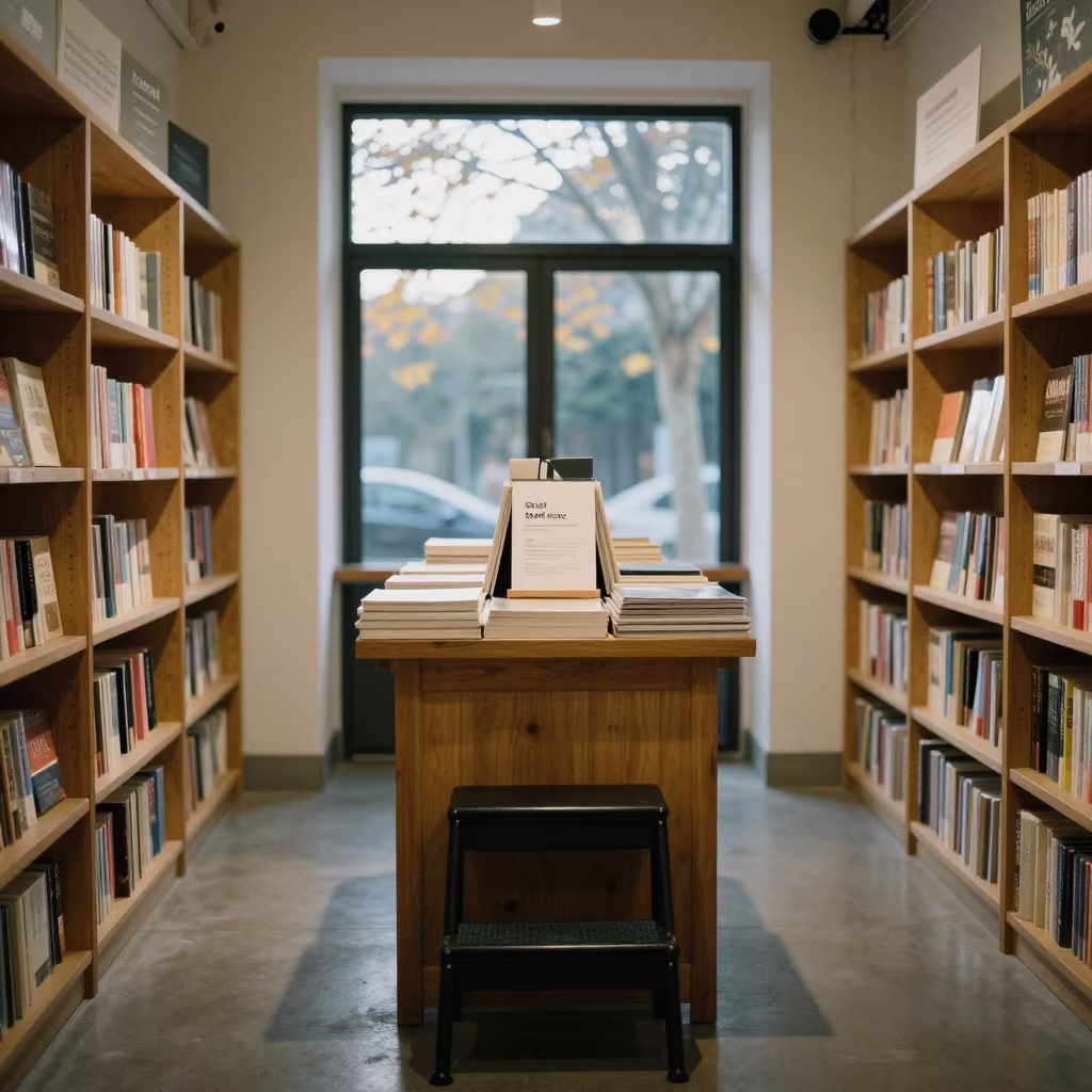 Dawn Light on Bookstore Table in Nanjing Corridor in inside a fitting room corridor near Nanjing