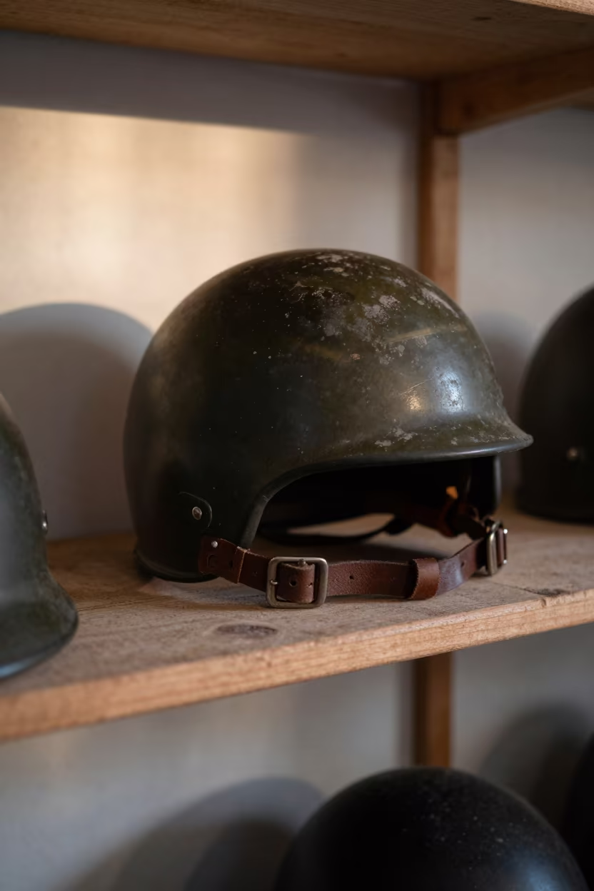 Dawn Light on Camp Helmet in on a workshop shelf in Valera