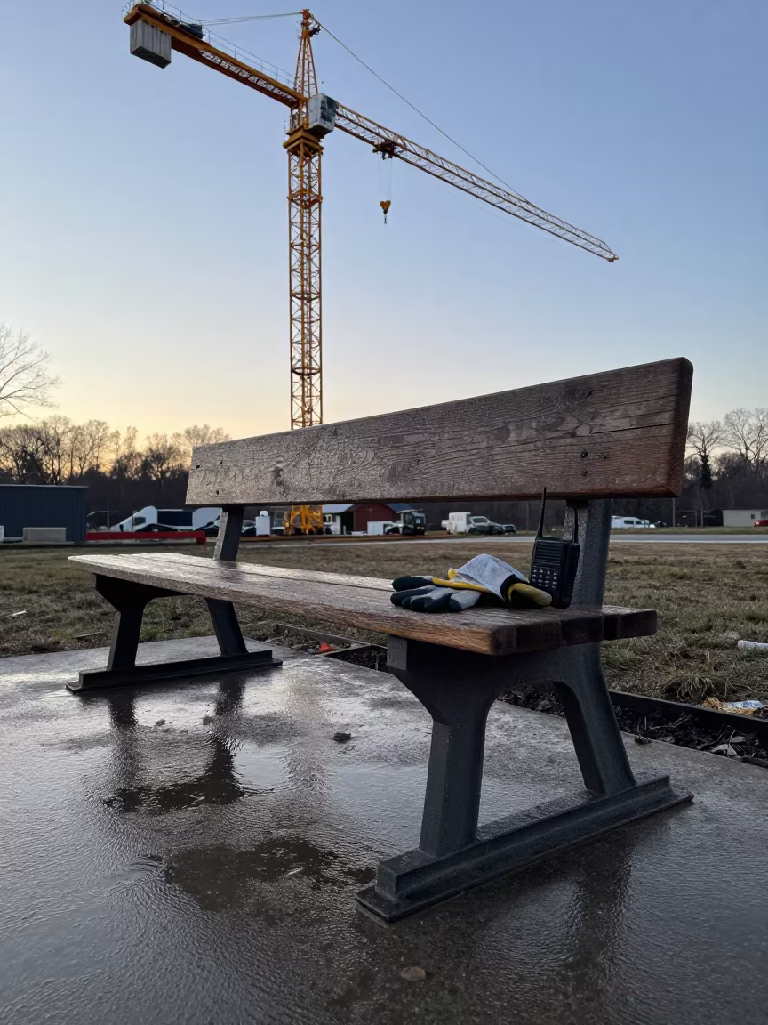 Dawn Light on Carpentry Bench and Gear in beneath a tower crane on open ground in Virginia
