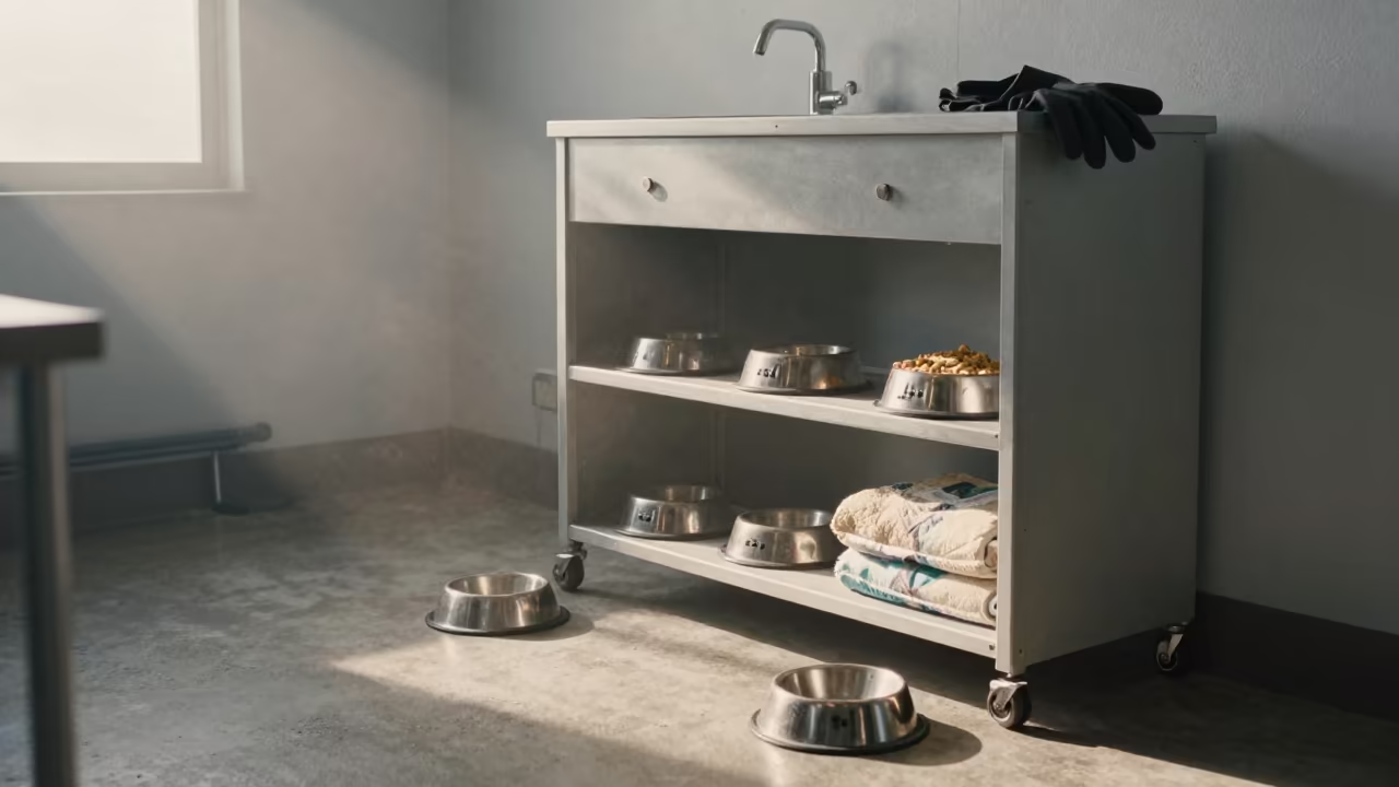 Dawn Light on Cat Supply Cabinet in Batman Grooming Bay in inside a grooming bay in Batman