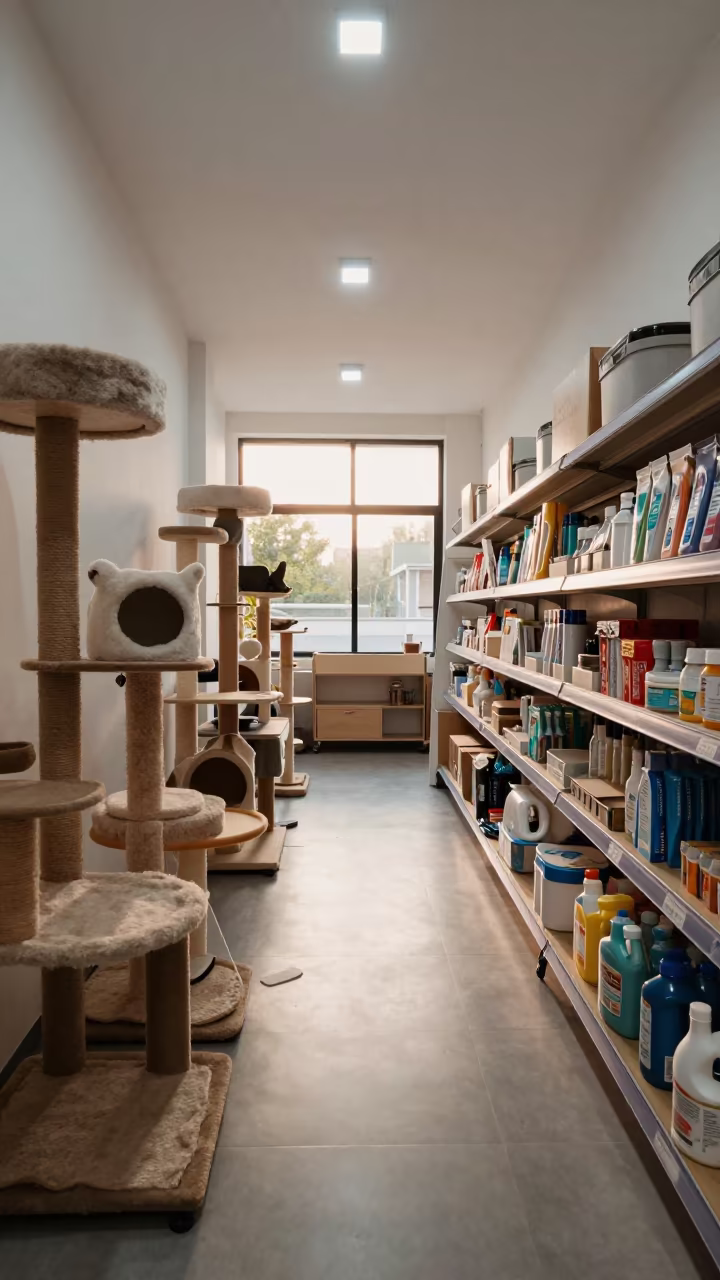 Dawn Light on Cat Tree Showroom Taoyuan in inside a pet store aisle in Taoyuan County