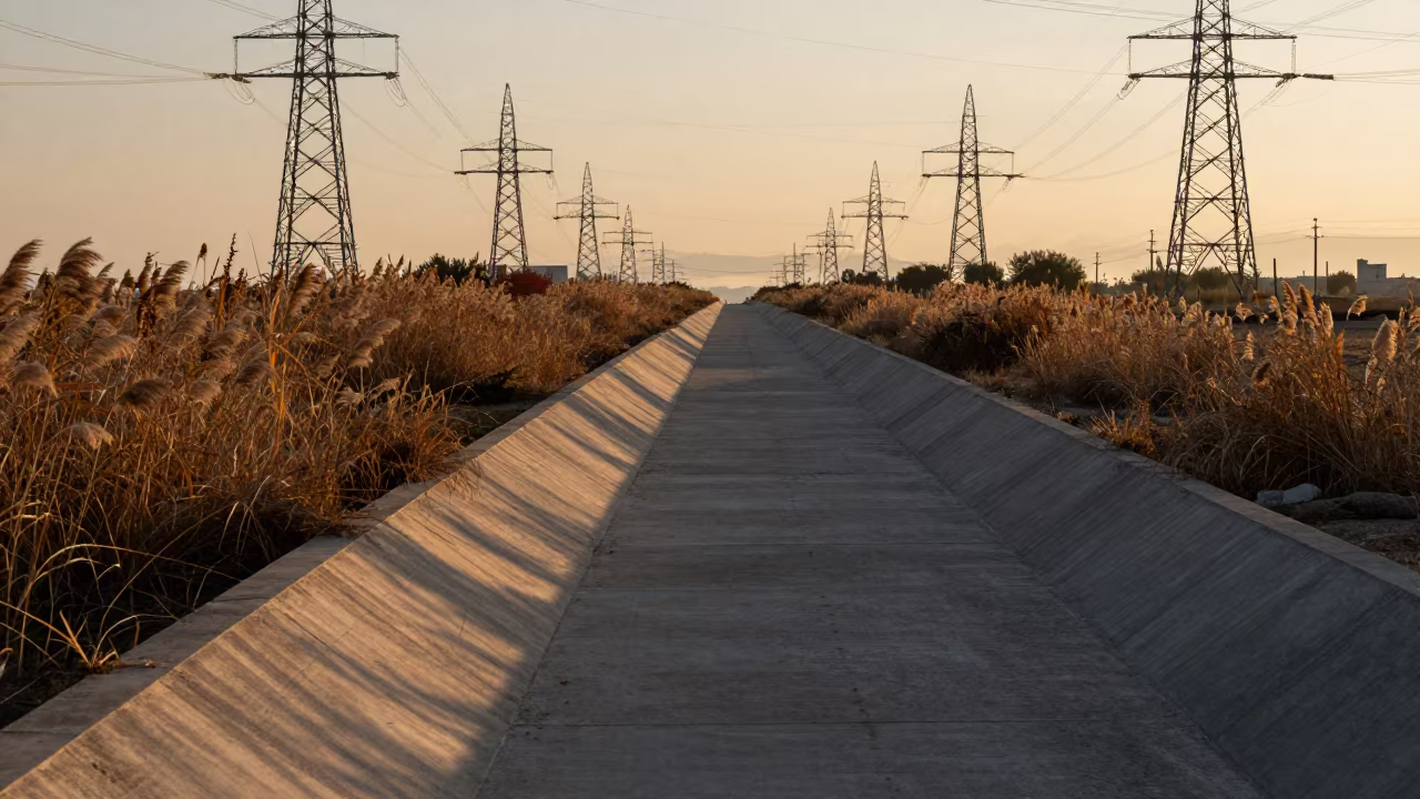 Dawn Light on Catalan Cooling Canal Edge in beneath transmission towers in Catalonia