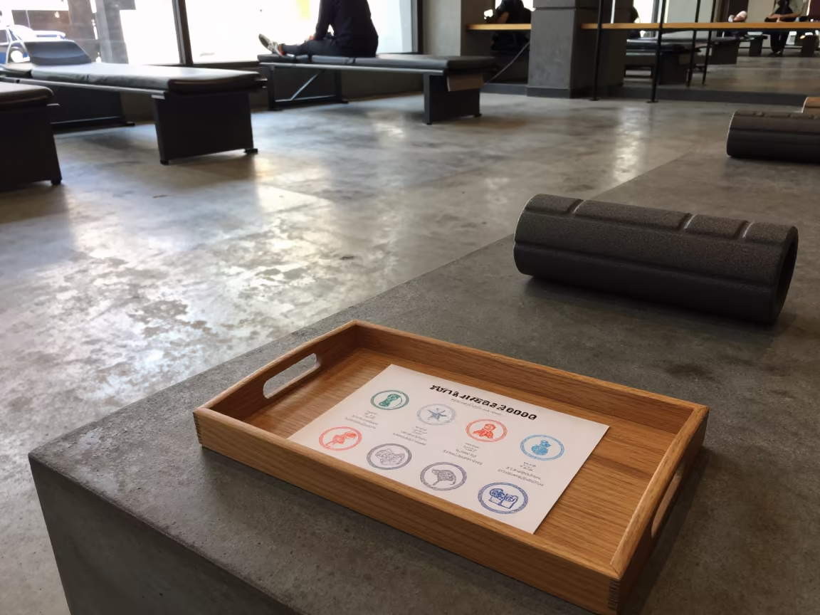 Dawn Light on Challenge Stamp Card in Recovery Lounge in inside a recovery lounge beside foam rollers in Mercado Central, Santiago