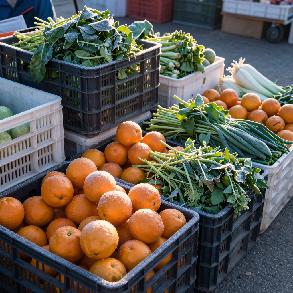 Dawn Light on Changsha Winter Fruit Stalls in at a roadside fruit stand in Changsha
