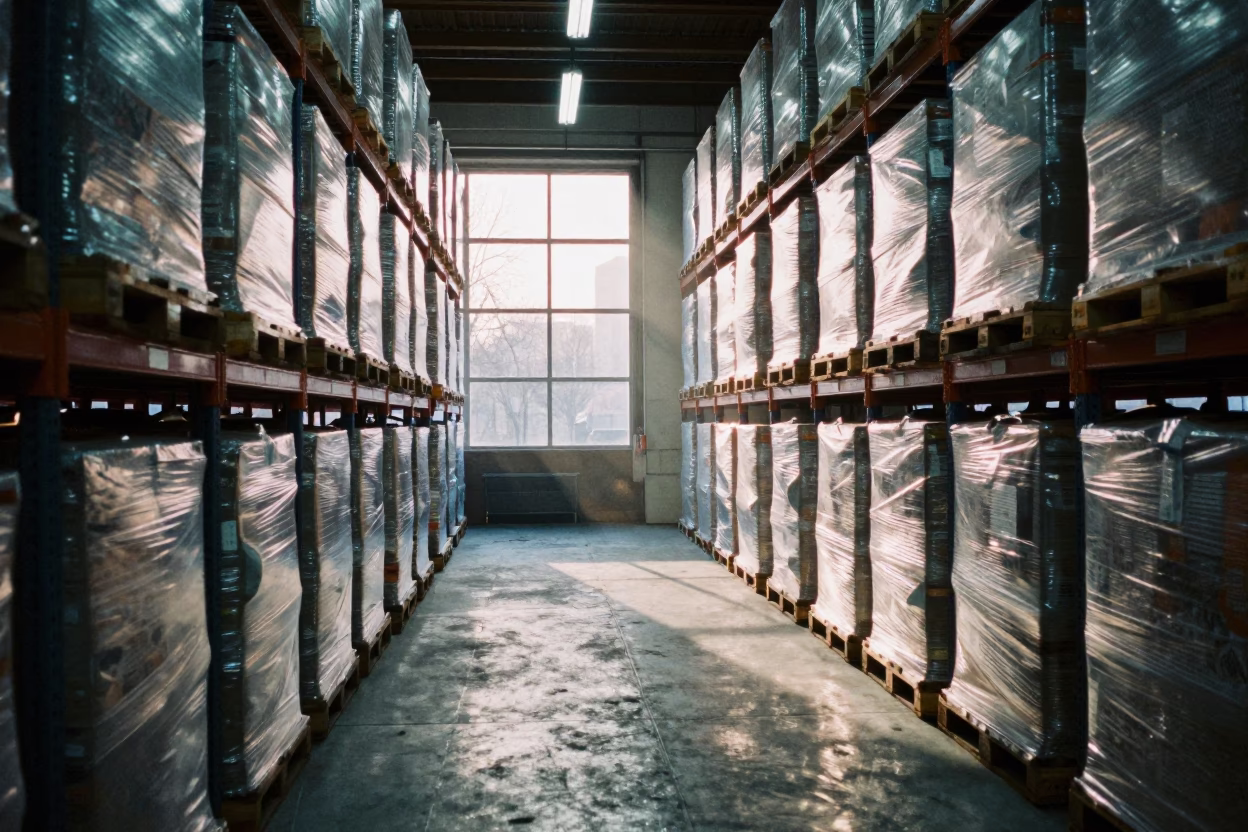 Dawn Light in Chicago Warehouse Aisle in inside a warehouse aisle in Chicago