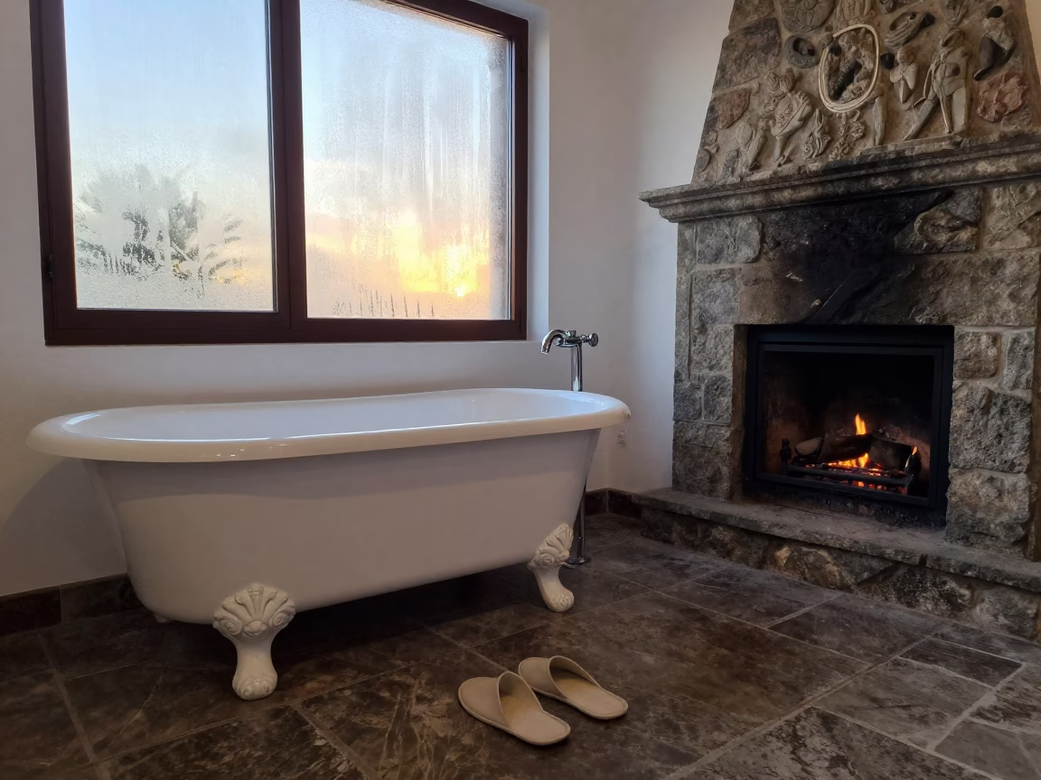 Dawn Light on Clawfoot Tub and Slippers in by a crackling fireplace in San Cristóbal de La Laguna