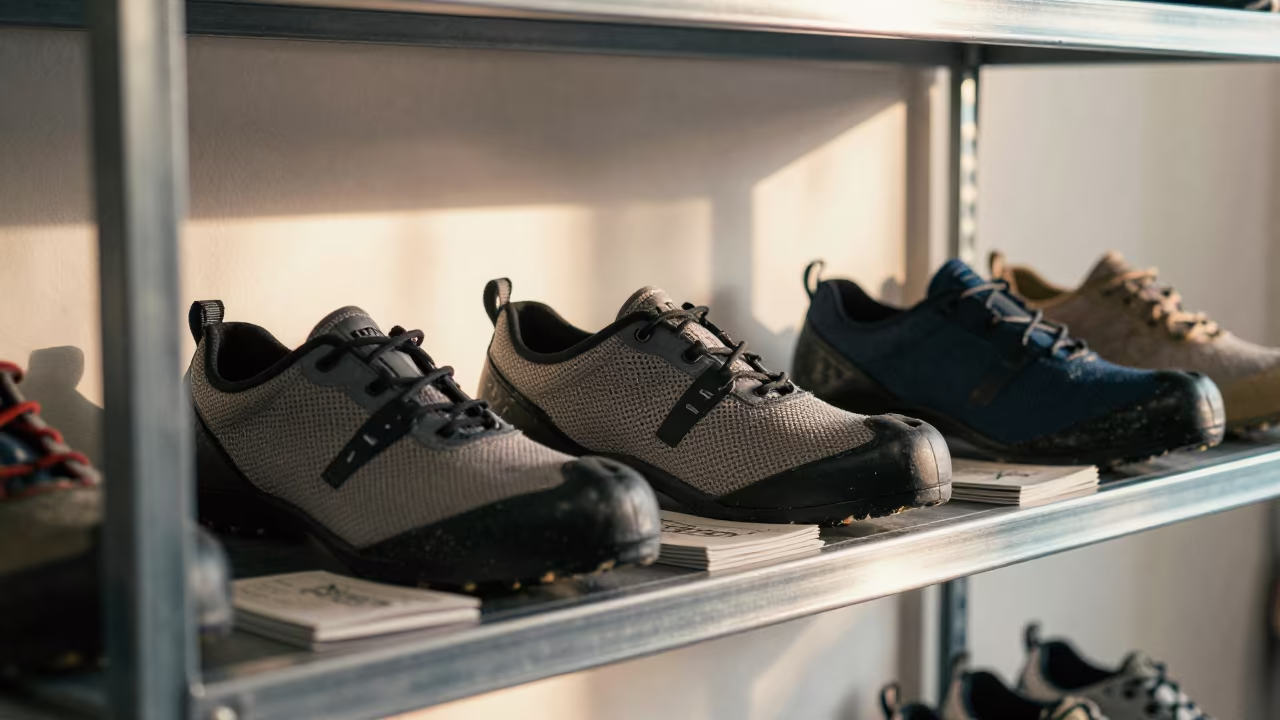 Dawn Light on Climbing Shoe Spray Shelf in inside a yoga studio before the session begins in Johari Bazaar, Jaipur