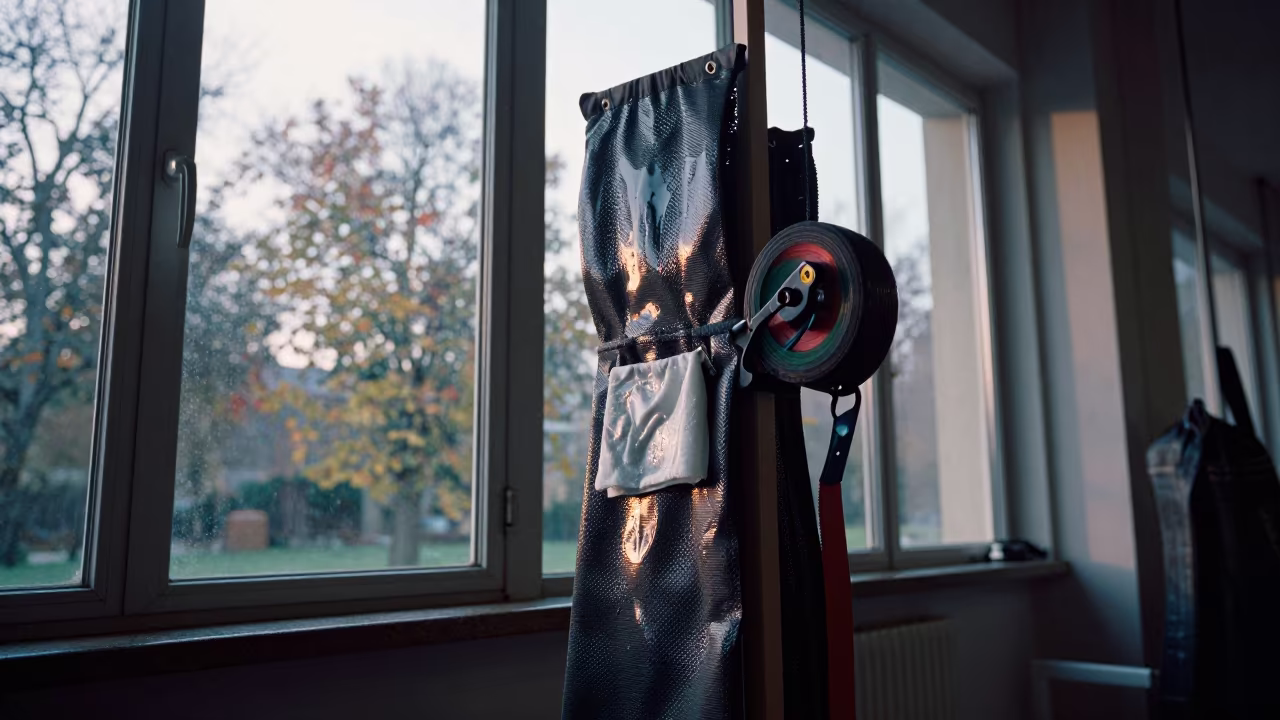 Dawn light on climbing tape station in Angers studio in inside a yoga studio before the session begins near Angers