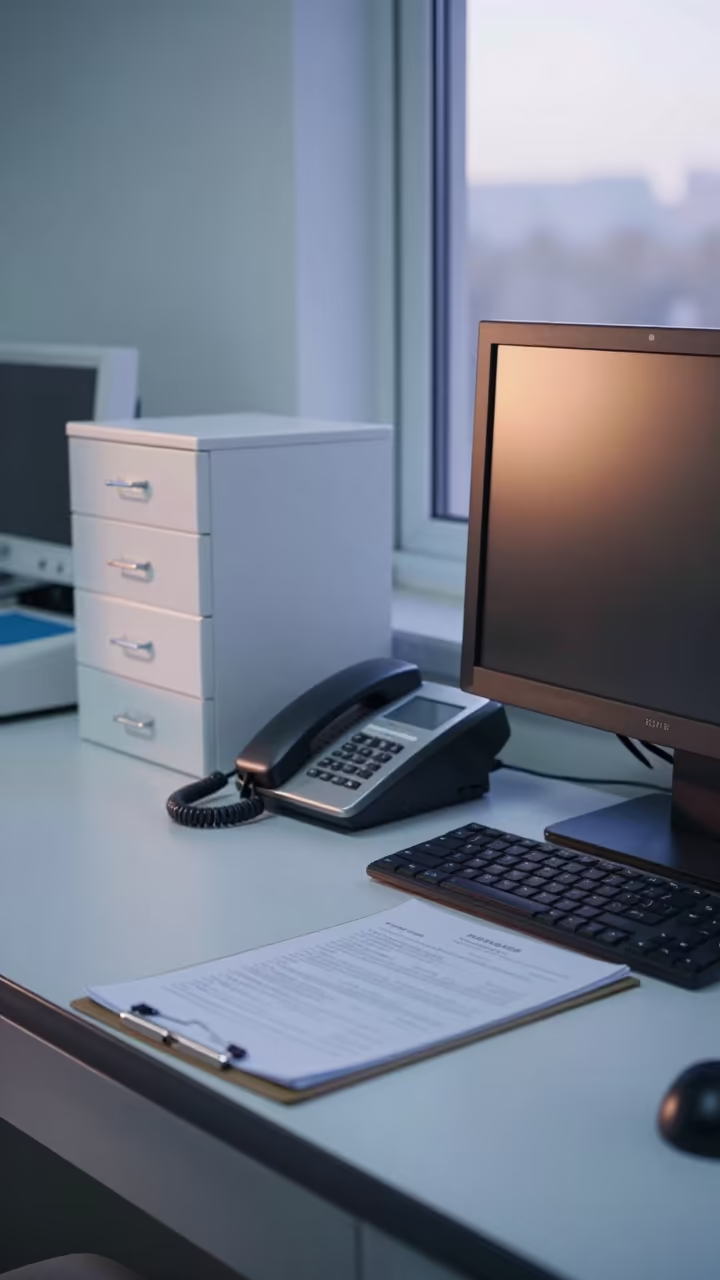 Dawn Light on Clinic Nurse Desk with Medical Drawers in inside a clinic exam room near Zhengzhou