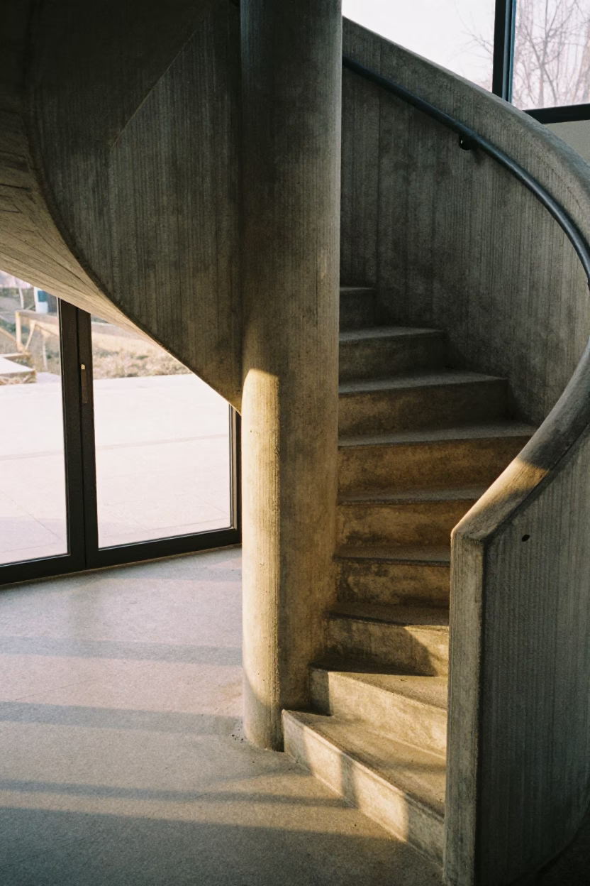 Dawn Light on Concrete Stair Spiral in inside a ribbed concrete lobby near Xian