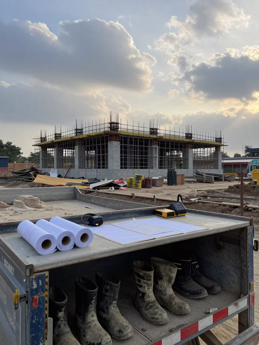 Dawn Light on Construction Trailer Desk in Hafizabad in beside a framed building shell in Hafizabad