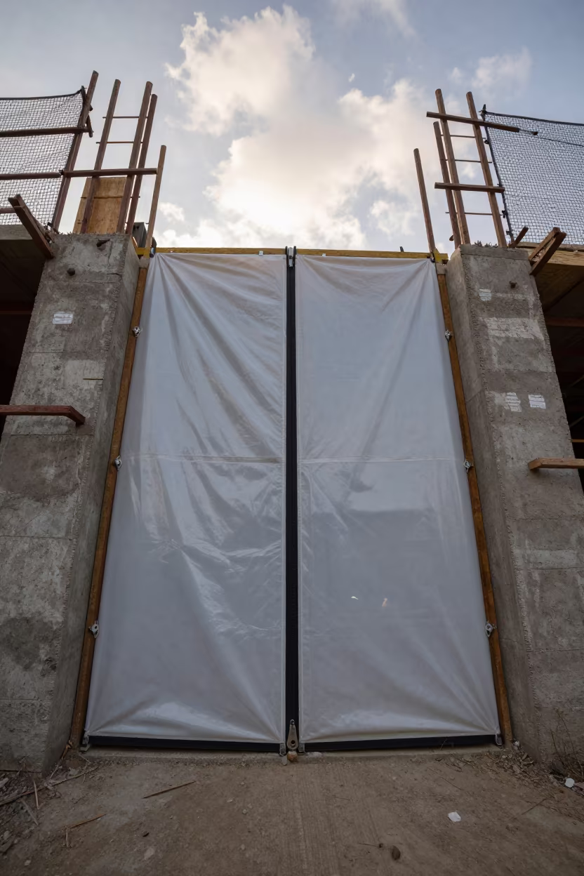 Dawn Light on Construction Zipper Door in beside a framed building shell in Addis Ababa